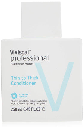 Viviscal Thin to Thick Conditioner bottle front, nourishes hair for smoother daily styling.