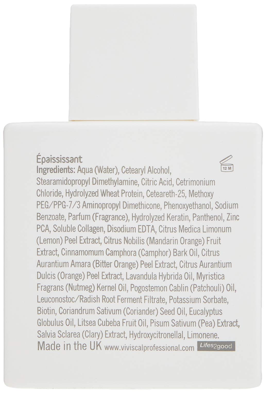 Viviscal Thin to Thick Conditioner label closeup, highlights conditioning for fuller-looking strands.