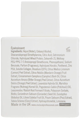 Viviscal Thin to Thick Conditioner label closeup, highlights conditioning for fuller-looking strands.