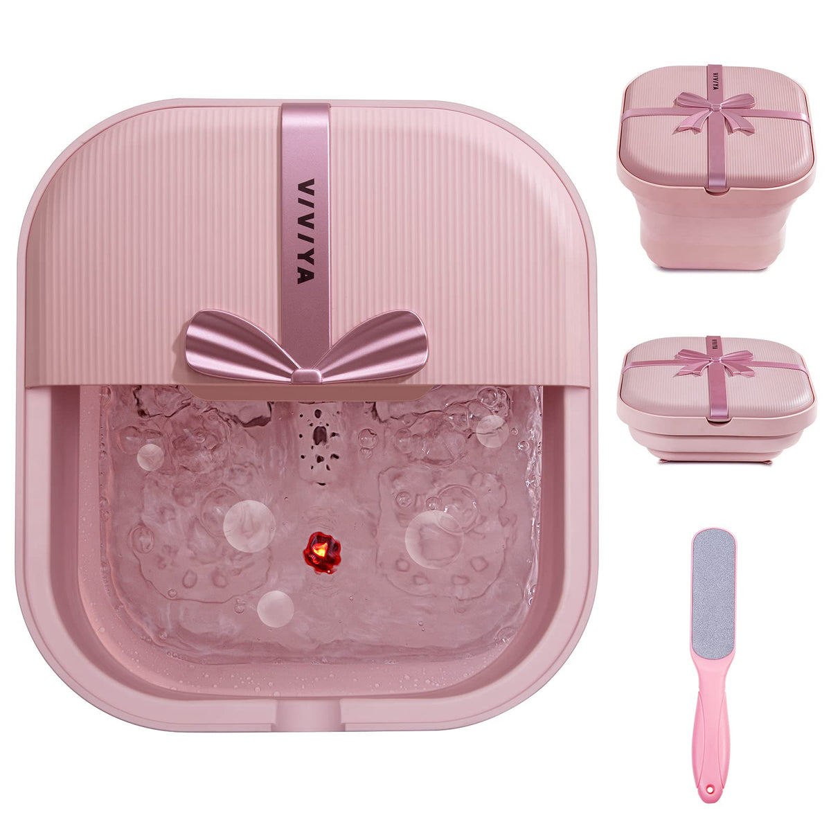 VIVIYA collapsible foot bath spa pink front view for compact storage.