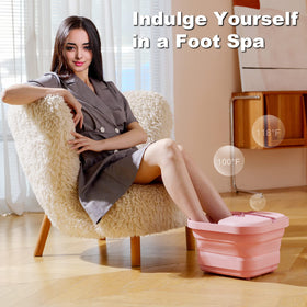 VIVIYA pink foot spa side view showing foldable design for easy storage.