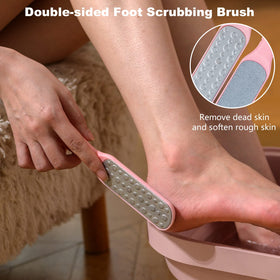 VIVIYA pink foldable foot spa shown folded for small spaces.