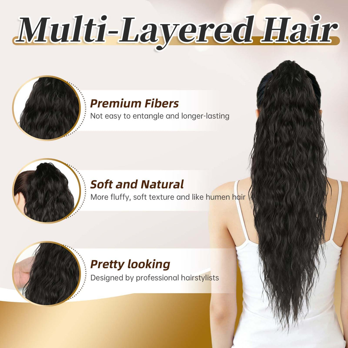 Vizfrucean long curly pony tail provides dramatic length and bounce for daily wear.