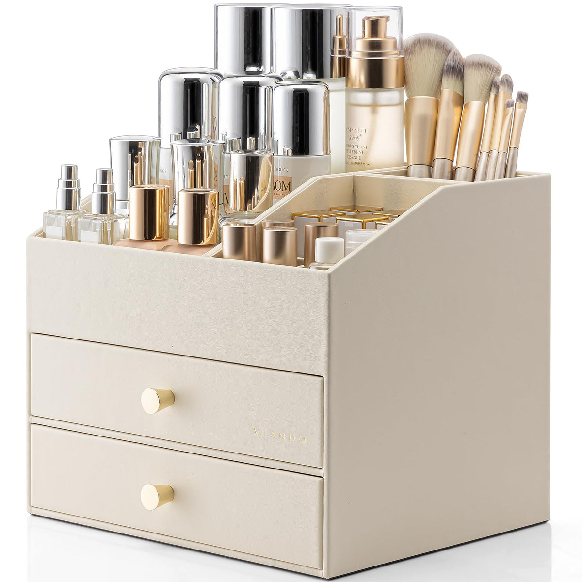 VLANDO beige makeup organizer full view on vanity for tidy cosmetics.