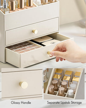 Lower drawers with smooth slides for quick cosmetic reach.