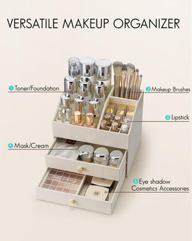 Top layer storage showing skincare, lipsticks, nail polish, and brushes.
