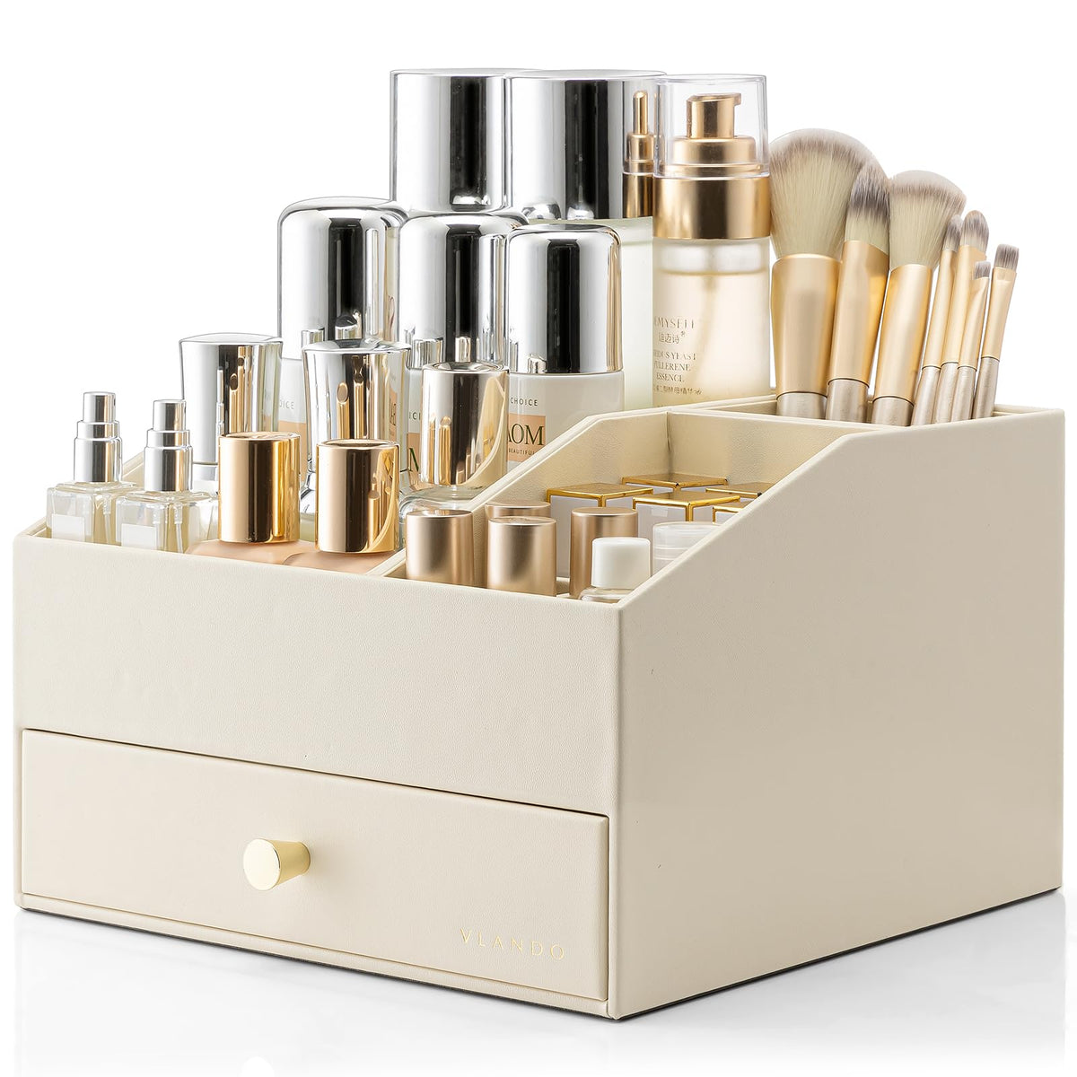 VLANDO makeup organizer with drawers keeps cosmetics organized and accessible.