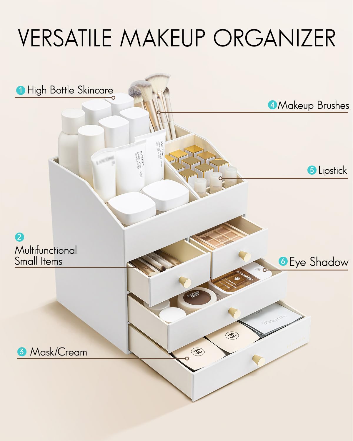 VLANDO makeup organizer drawers slide smoothly for quick access to brushes