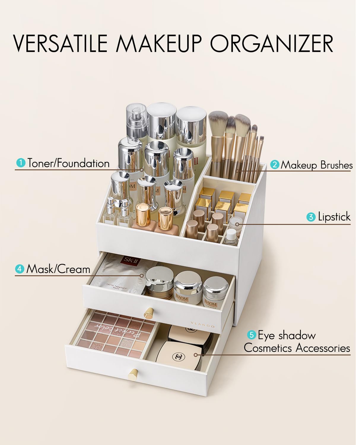 VLANDO PU leather makeup case with sliding drawers for easy access