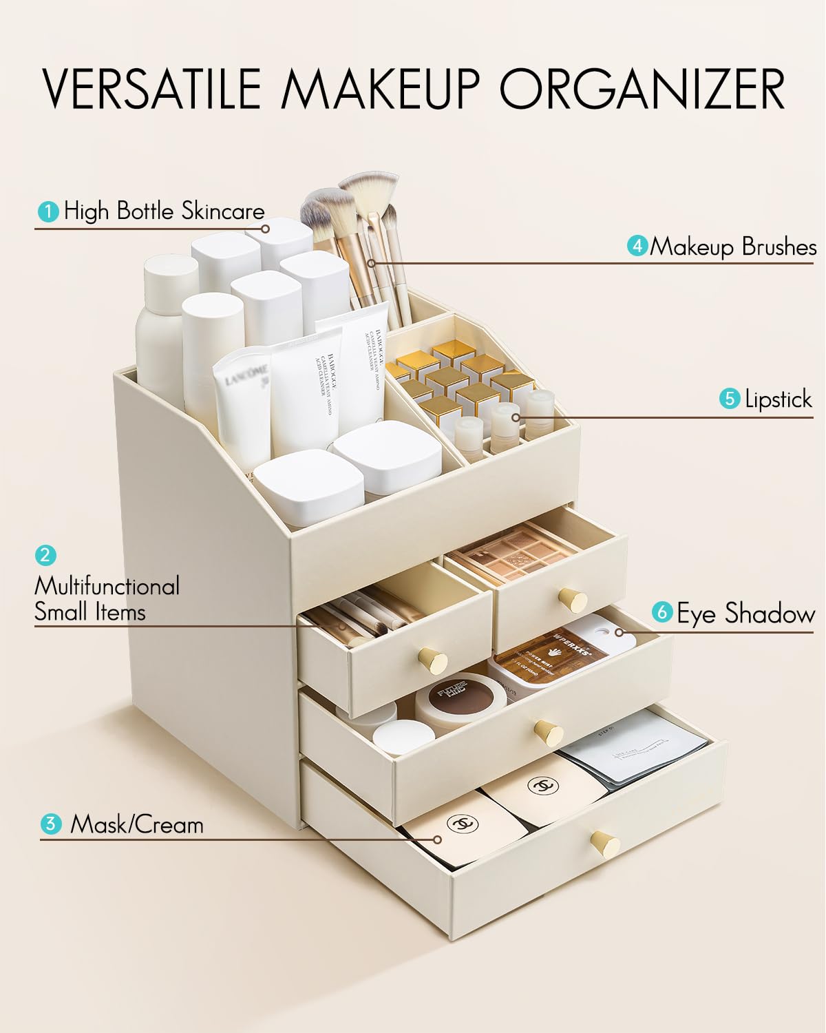 VLANDO top compartments and slots separate skincare, lipstick, and brushes