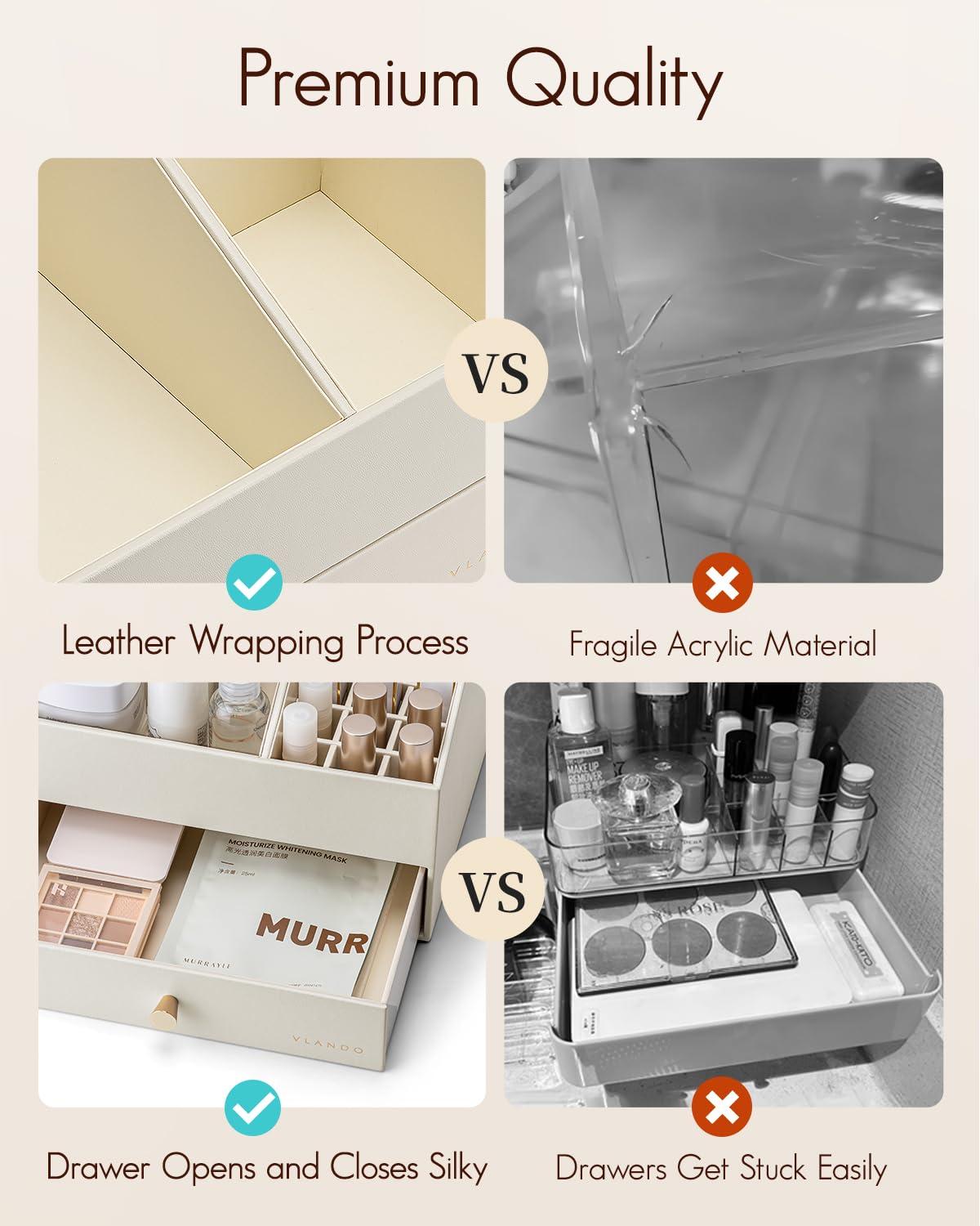 VLANDO two-layer storage helps categorize skincare and makeup.