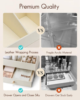 VLANDO two-layer storage helps categorize skincare and makeup.