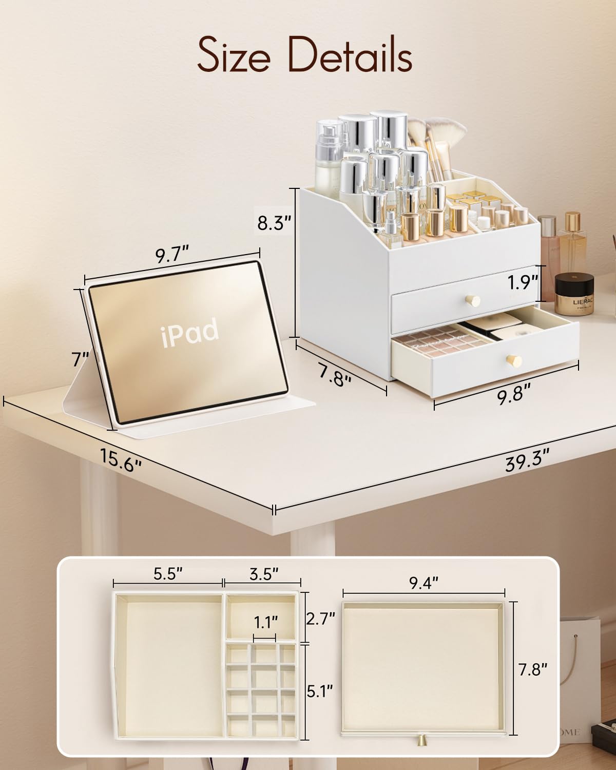 VLANDO sliding drawers provide quick access to skincare and makeup