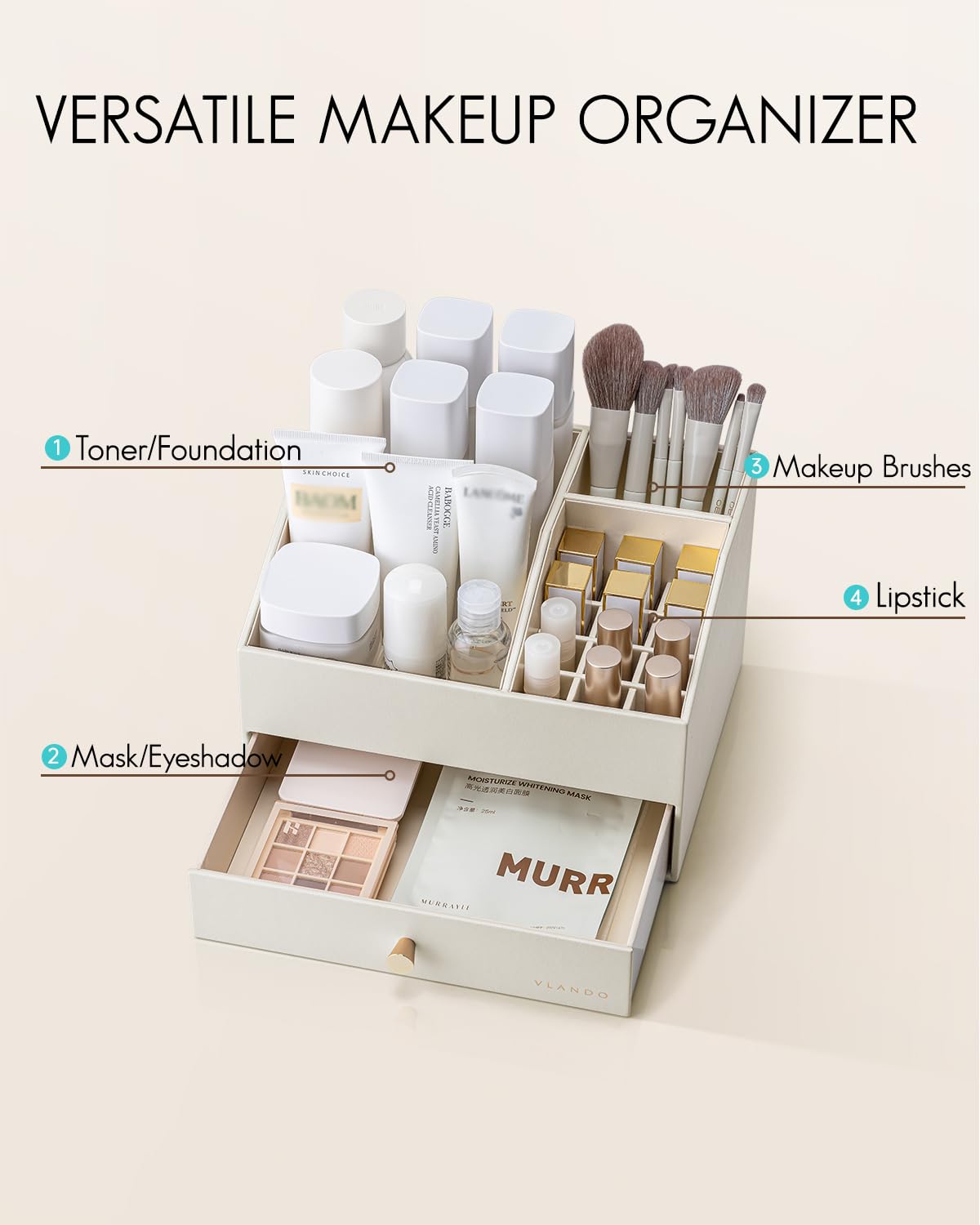 VLANDO vanity organizer upper layer stores skincare and brushes.