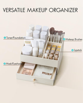 VLANDO vanity organizer upper layer stores skincare and brushes.