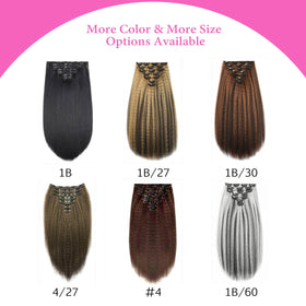Vlliyava Yaki Kinky Straight clip-in extensions come in a 7-piece set with 16 clips for secure wear.