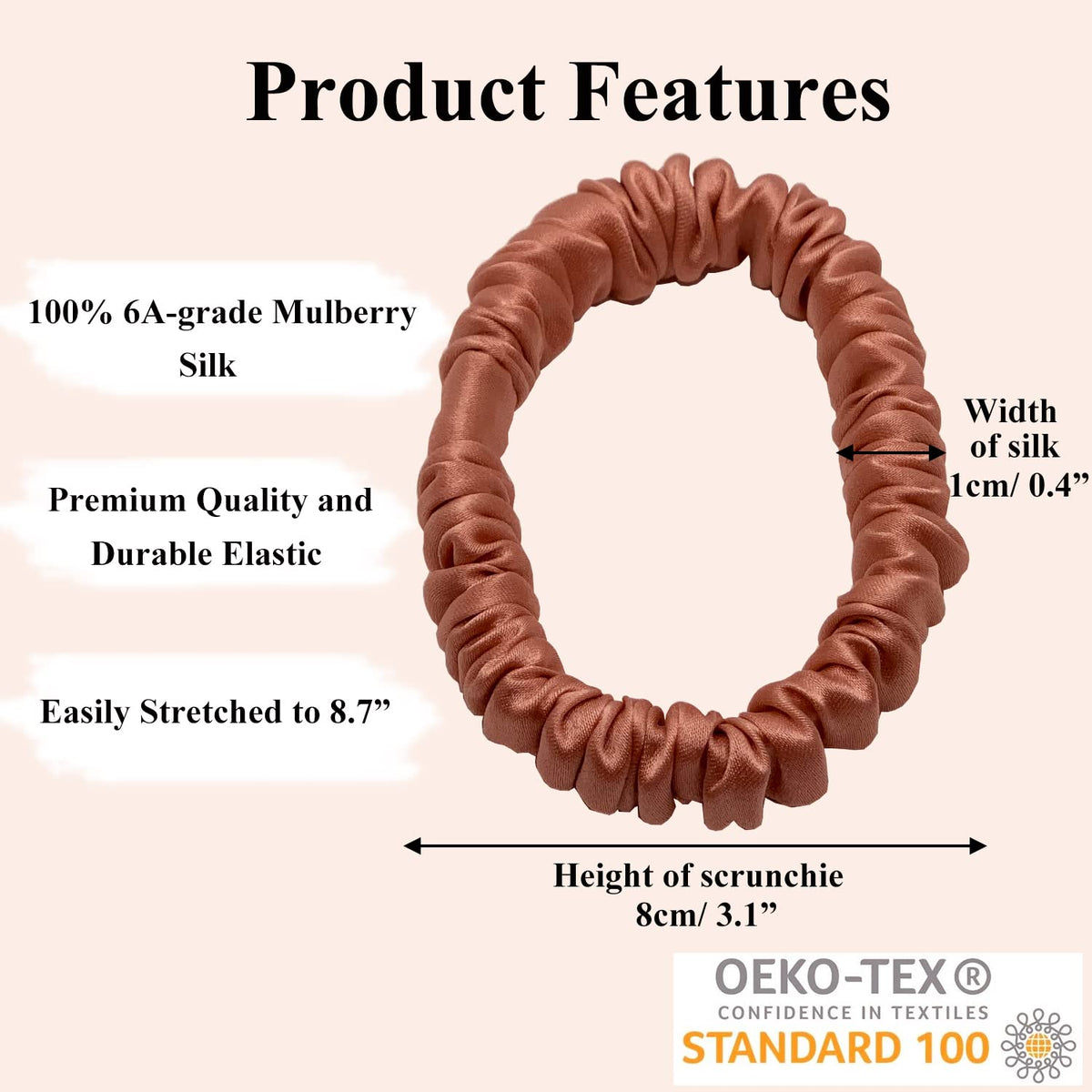 VLOMOT Chocolate brown silk scrunchie closeup showing soft, durable surface.