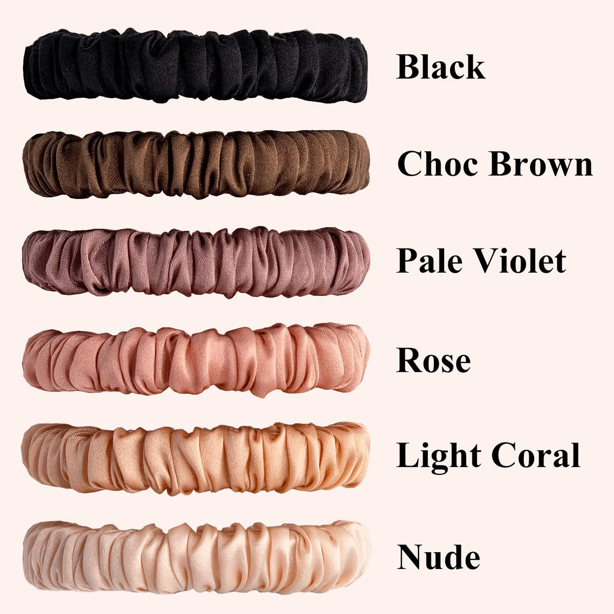 VLOMOT Rose silk scrunchie closeup with smooth, hair-friendly texture.