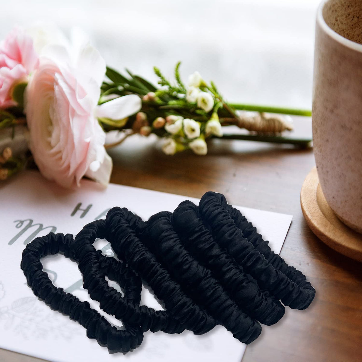 VLOMOT silk scrunchies packaging display suggests gift-ready elegance.