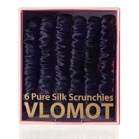 VLOMOT silk scrunchies six-colors closeup showing smooth silk surface for gentle hold.