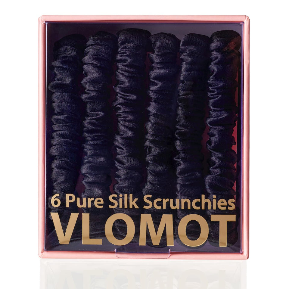 VLOMOT silk scrunchies six-colors closeup showing smooth silk surface for gentle hold.