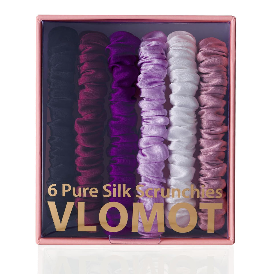 VLOMOT silk scrunchies in black protect hair while styling throughout the day.