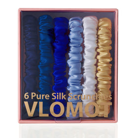 VLOMOT mulberry silk scrunchie in dark navy minimizes snagging and creasing for sleek looks.