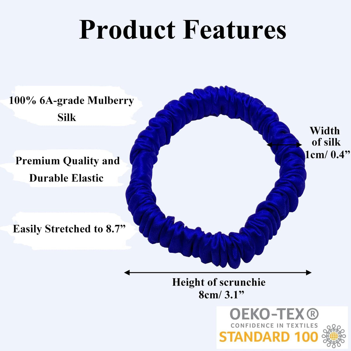 VLOMOT mulberry silk scrunchie in electric blue reduces friction for smooth, durable wearing.