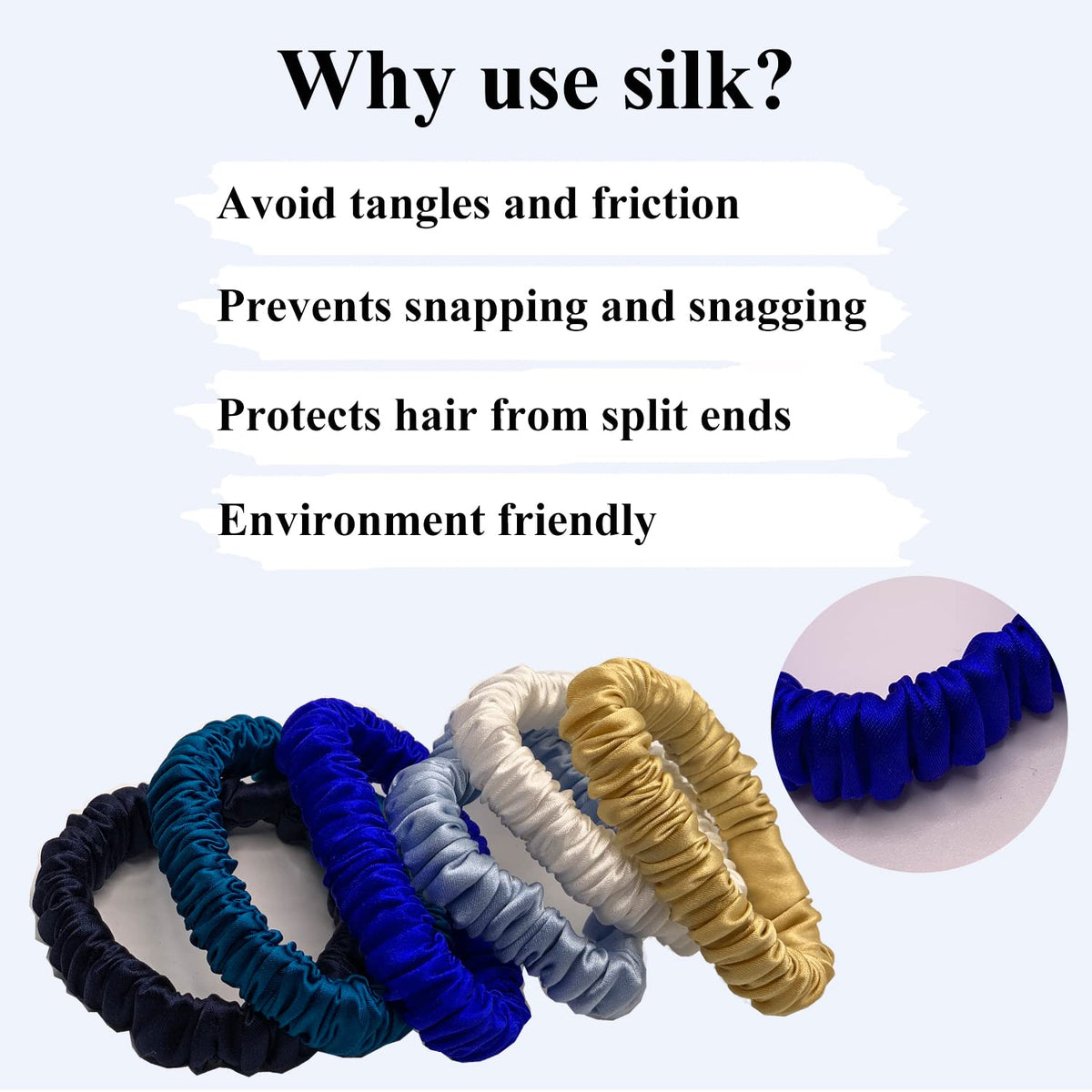 VLOMOT mulberry silk scrunchie in sky blue offers gentle hold for everyday ponytails.