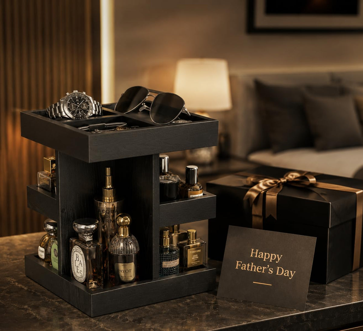 VLXXOI Cologne Organizer placed on bathroom counter for perfumes