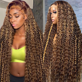 VNFM honey blonde deep wave lace front wig with silky texture for effortless daily styling.