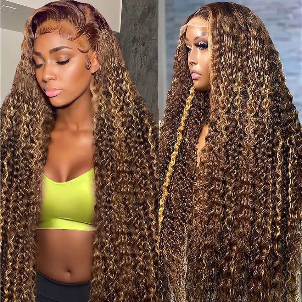 VNFM honey blonde deep wave lace front wig with silky texture for effortless daily styling.