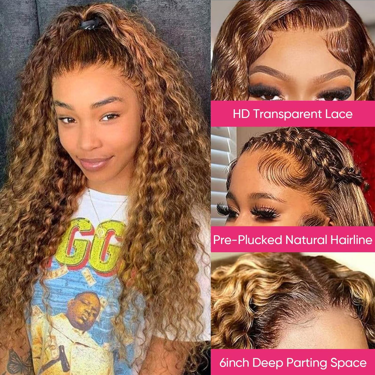 VNFM 4/27 ombre highlight deep wave lace wig adds vibrant dimension and versatile styling.