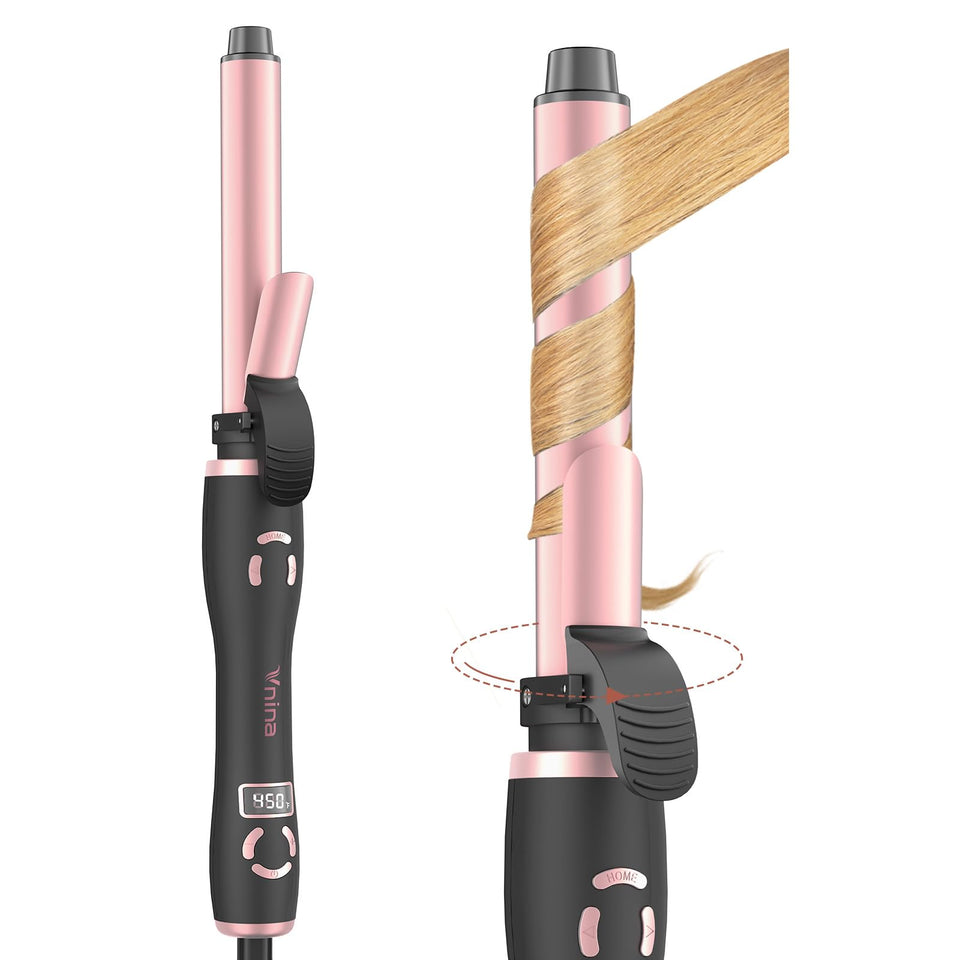 Vnina rotating curling iron close up showing the 1 inch barrel for smooth, even waves