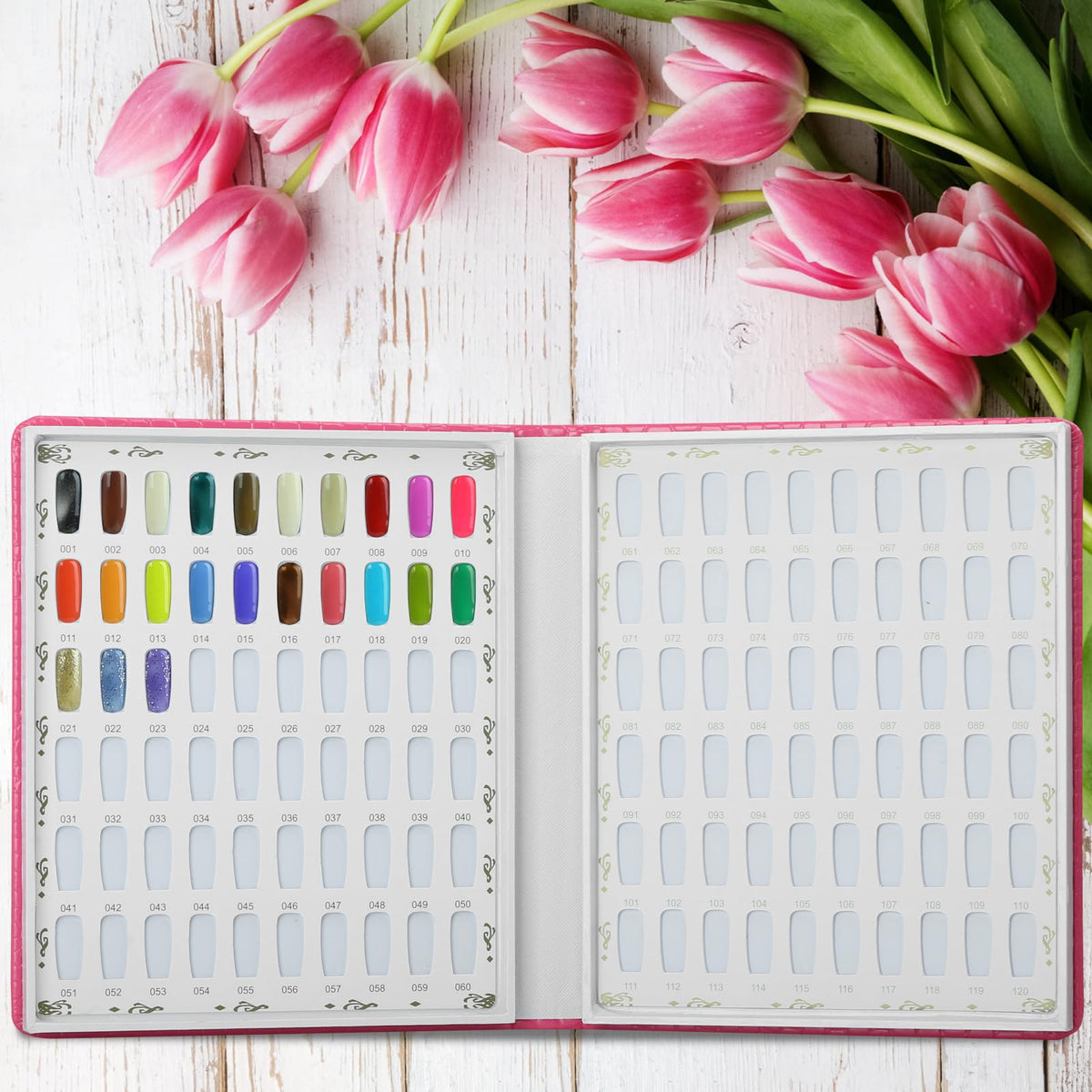 Inside layout of the Vnjaoi swatches book showing color slots for organization.