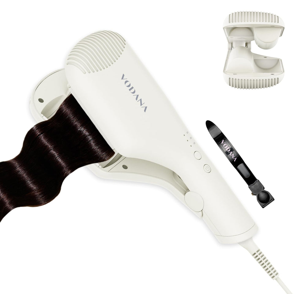Vodana compact triple-flow waver in ivory, front view with double barrels for quick waves