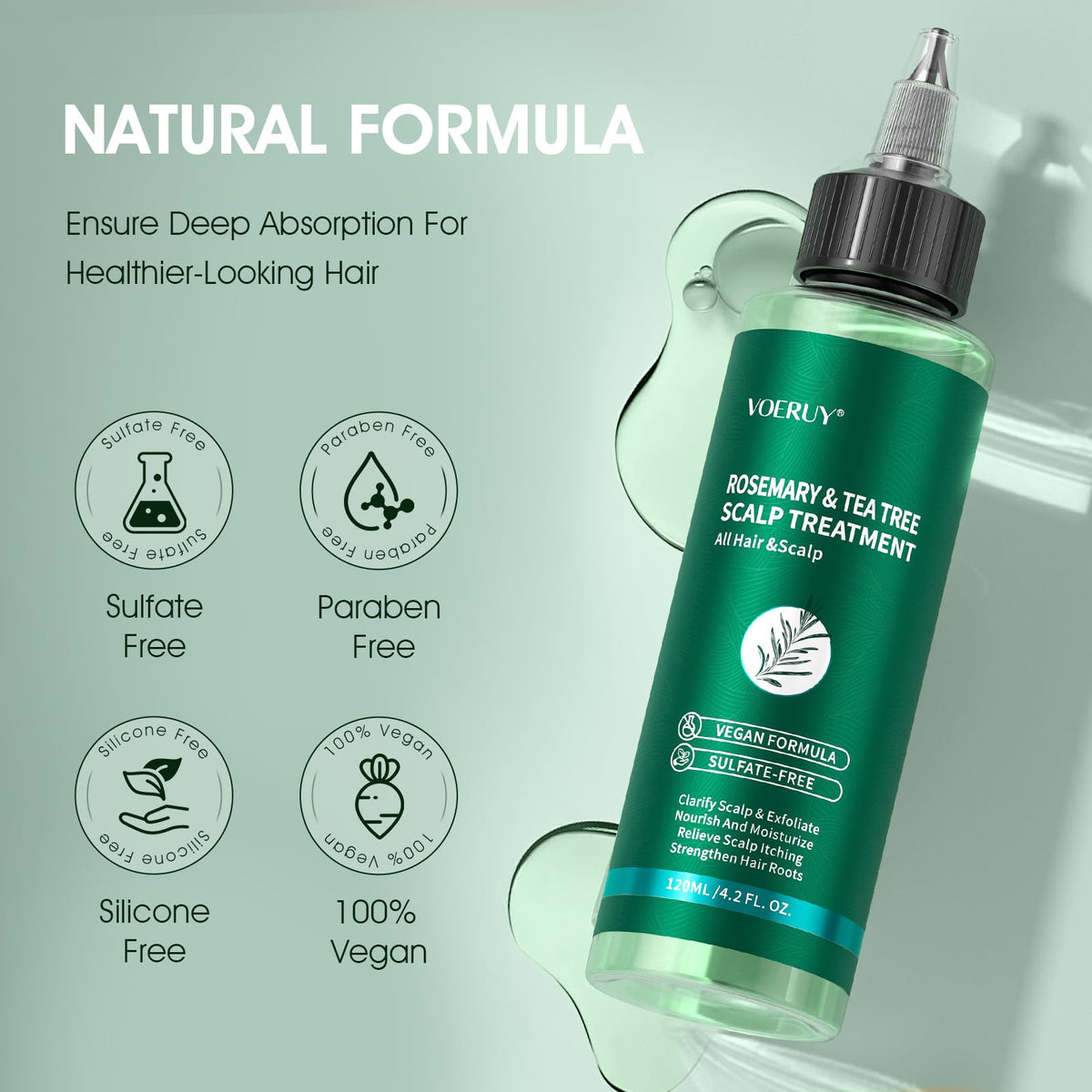 VOERUY Rosemary Tea Tree leave-in formula provides lightweight scalp care.