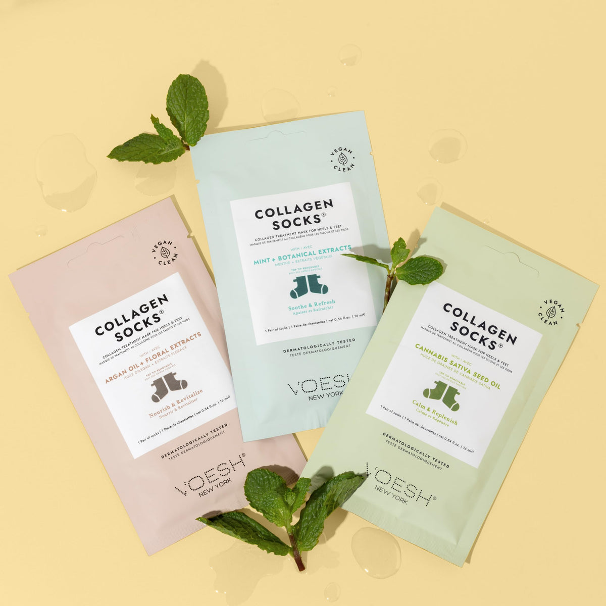VOESH Collagen Socks applying hydration to dry feet in a spa-like scene