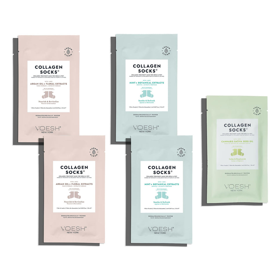 VOESH Collagen Socks variety pack closeup showing soothing foot hydration