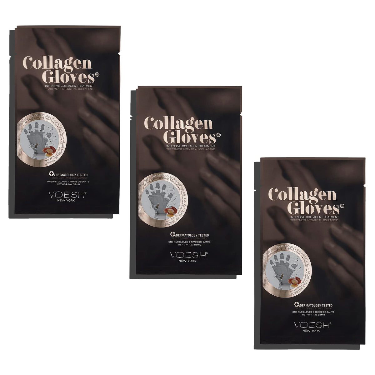 VOESH vegan hand mask ingredients highlighted, featuring vegan collagen, argan oil, and shea butter.