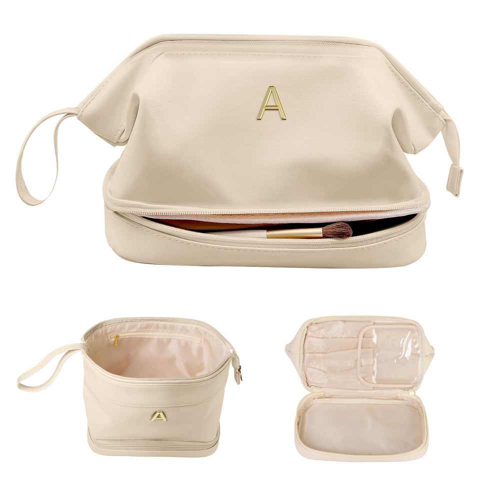 Vogewood initial large makeup bag front view with double-layer organization