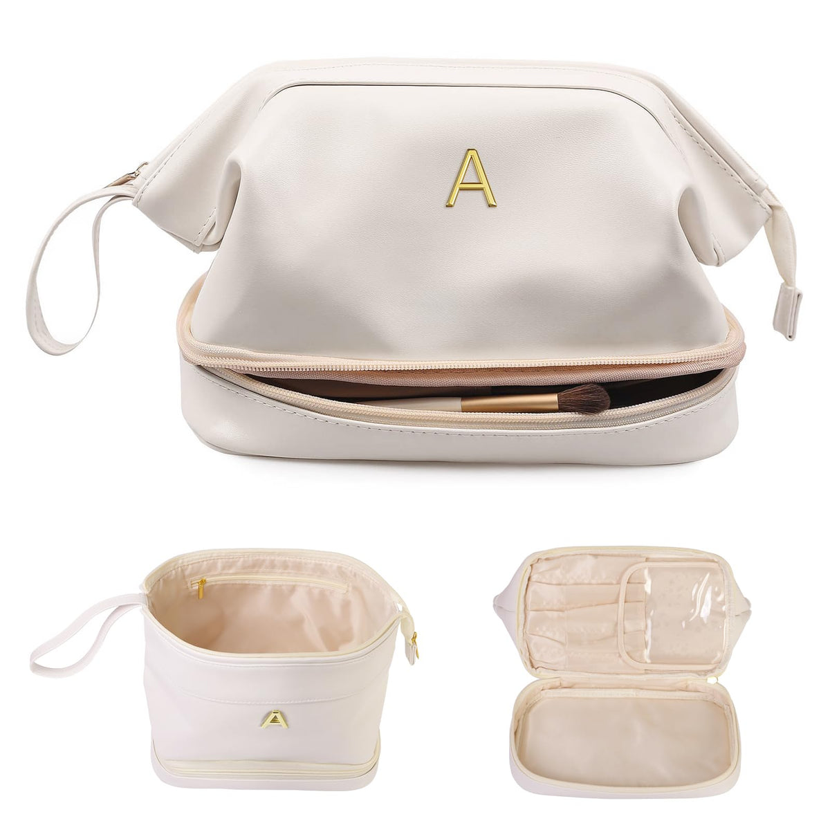 Vogewood double-layer makeup bag offers organized storage for cosmetics.