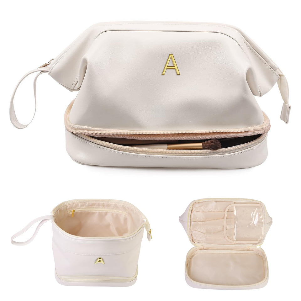 Vogewood double-layer makeup bag offers organized storage for cosmetics.