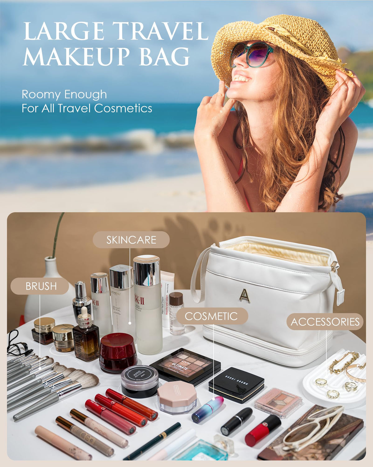 Vogewood upper-opening layer provides quick access to lipsticks and small accessories.