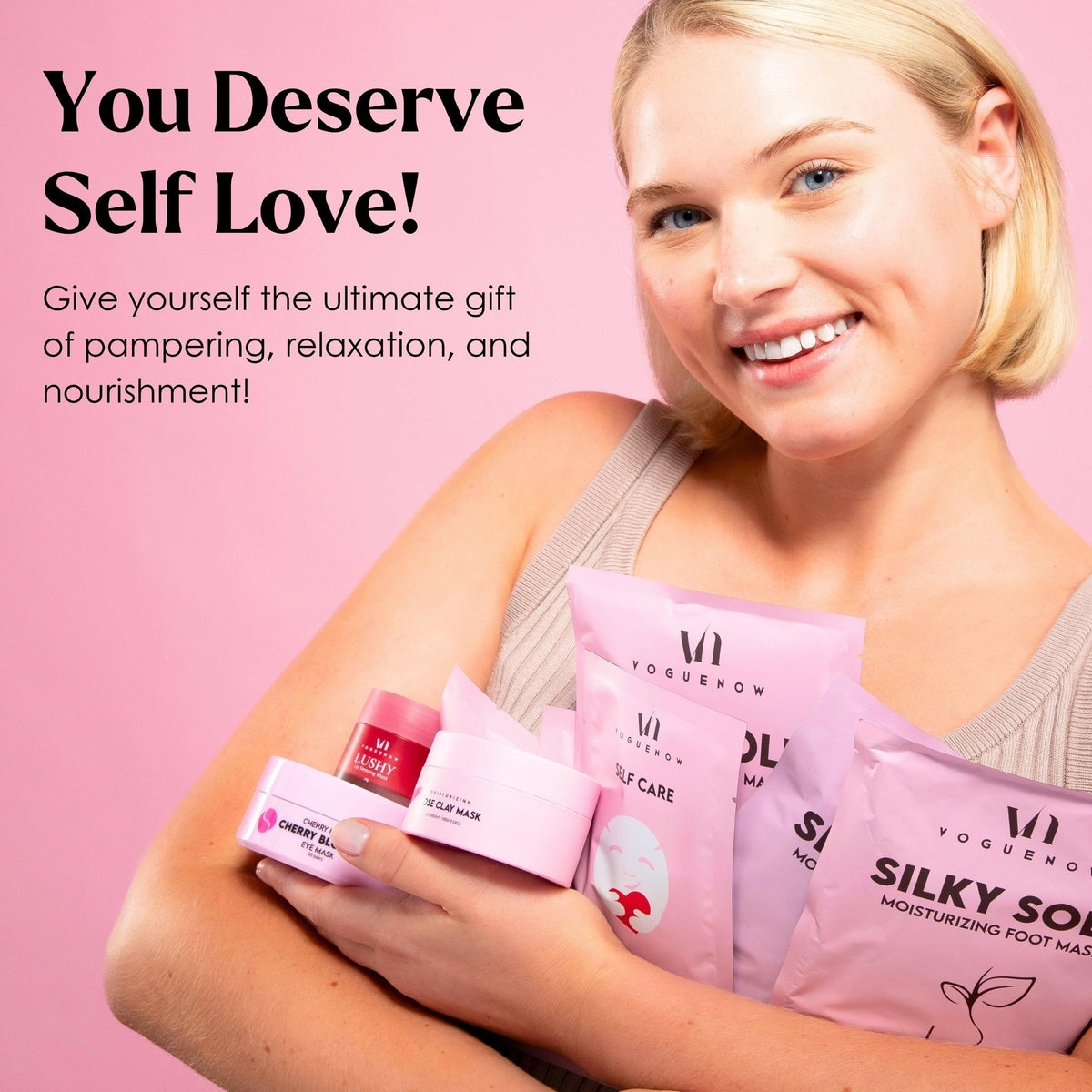 VogueNow scented candle and bath bomb, creating a spa-like atmosphere.