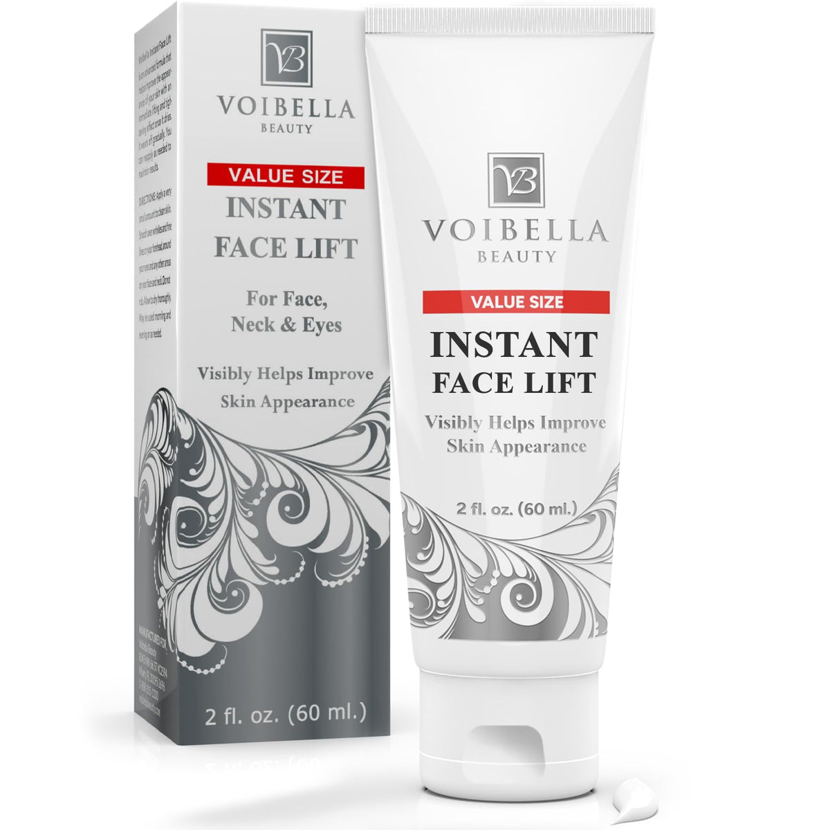 Voibella Beauty Instant Face Lift Cream bottle shows quick tightening effect for a refreshed look.