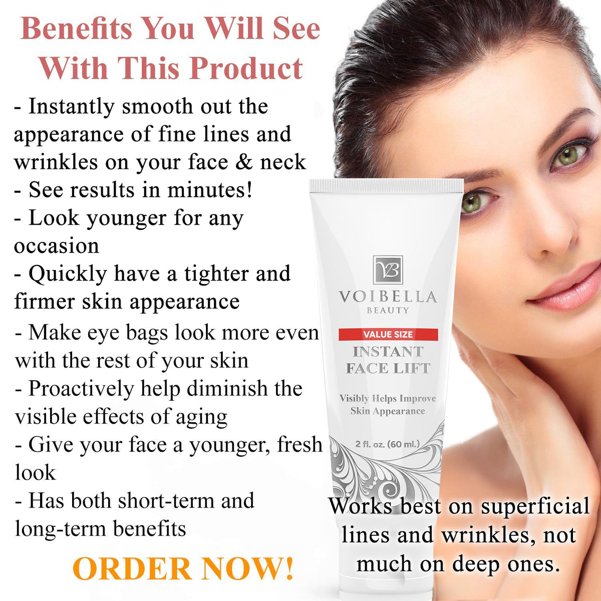 Voibella Beauty Instant Face Lift Cream drop application suggests precise usage for lasting smoothness.