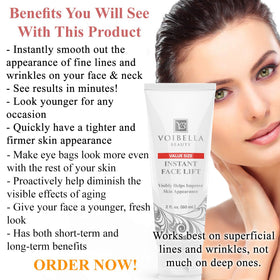 Voibella Beauty Instant Face Lift Cream drop application suggests precise usage for lasting smoothness.