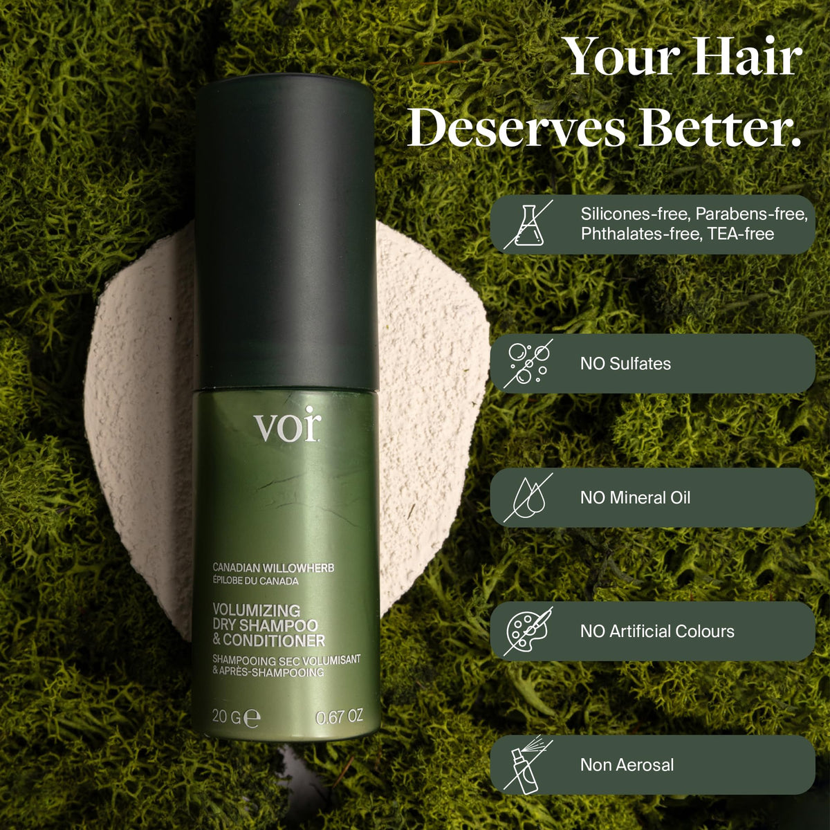 Voir Haircare green tea extract close-up highlights antioxidant support for hair.