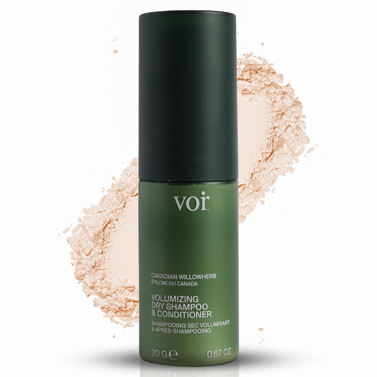 Voir Haircare volume dry shampoo bottle glows as it absorbs oil for refreshed roots.